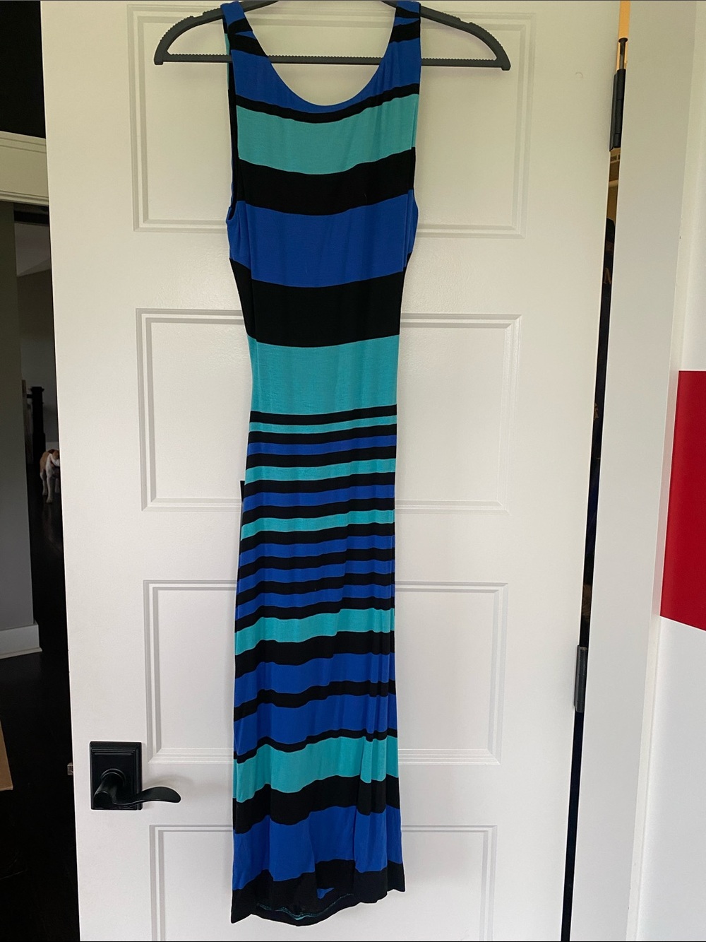 bebe Striped Maxi Dress in Blue, Teal, and Black